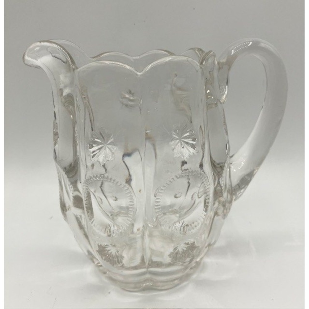 Vintage Atomic Sun‎ & Stars Clear Pressed Glass Pitcher by Dalzell 5"Height